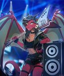  5_fingers anthro black_hair breasts clothed clothing collar dragon electric_guitar female fingerless_gloves gloves guitar hair hihikori horn looking_at_viewer membranous_wings microphone midriff musical_instrument navel smile solo speaker spiked_collar spikes wings yellow_eyes 