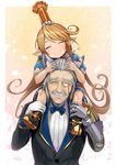  1girl ^_^ animal_ears black_footwear blonde_hair blue_bow blush boots bow bowtie carrying charlotta_fenia closed_eyes commentary_request crown facial_hair gauntlets granblue_fantasy hinami_(hinatamizu) long_hair md5_mismatch monocle mustache pointy_ears sevastian_(granblue_fantasy) shoulder_carry silver_hair smile very_long_hair 