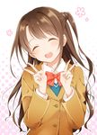  :d ^_^ bow bowtie brown_hair brown_jacket closed_eyes double_v eyebrows_visible_through_hair head_tilt idolmaster idolmaster_cinderella_girls jacket long_hair mijinkouka one_side_up open_mouth red_bow red_neckwear shimamura_uzuki shirt smile solo standing upper_body v very_long_hair white_background white_shirt 