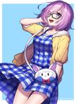  :d bag black-framed_eyewear blue_background dress fate/grand_order fate_(series) fou_(fate/grand_order) glasses hair_over_one_eye highres jacket kiritani846 mash_kyrielight open_mouth plaid plaid_dress purple_eyes purple_hair short_hair signature simple_background smile solo twitter_username yellow_jacket 