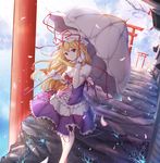  asa_ni_haru blonde_hair bow breasts cherry_blossoms cleavage dress gloves hair_bow hat hat_ribbon highres long_hair medium_breasts mob_cap multiple_girls multiple_torii parasol petals purple_dress red_eyes red_ribbon ribbon solo_focus torii touhou umbrella white_gloves yakumo_ran yakumo_yukari 