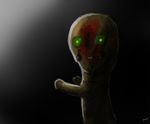  2016 ambiguous_gender black_background creepy glowing glowing_eyes gradient_background green_eyes humanoid looking_at_viewer monster monstrous_humanoid nightmare_fuel panzery25 scp-173 scp_foundation signature simple_background solo 