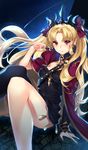  &gt;:) arm_support bangs bare_legs black_dress black_legwear blonde_hair blush bow breasts cape chocolate chocolate_heart commentary dress earrings ereshkigal_(fate/grand_order) eyebrows_visible_through_hair falling_star fate/grand_order fate_(series) gold_trim hair_bow hair_ribbon hamada_pochiwo heart highres jewelry knee_up long_hair looking_at_viewer night night_sky outdoors parted_bangs purple_bow purple_cape red_cape red_eyes red_ribbon ribbon short_dress single_thighhigh sitting skull sky small_breasts smile solo star_(sky) starry_sky strapless strapless_dress thighhighs tiara twintails v-shaped_eyebrows very_long_hair 