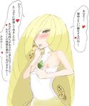  1girl absurdres blonde_hair blush breasts breasts_outside collarbone green_eyes heart long_hair lusamine_(pokemon) mature milf nakanun nipples open_mouth pokemon pokemon_(game) pokemon_sm pulled_by_self simple_background sleeveless small_breasts solo spoken_heart text tongue tongue_out translation_request white_background 