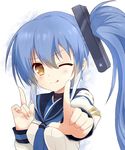  arashi_(zhan_jian_shao_nyu) blue_hair erniang hairband highres index_finger_raised koi_dance long_hair looking_at_viewer one_eye_closed outstretched_arm sailor_collar side_ponytail simple_background smile solo tongue tongue_out yellow_eyes zhan_jian_shao_nyu 