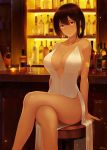  1girl absurdres alcohol alexiel_(pixiv6211566) arm_support armlet azur_lane backless_dress backless_outfit bangs bar bare_shoulders black_hair blush bottle breasts brown_eyes cleavage cup dark_skin dated dress earrings eyebrows_visible_through_hair glint hair_up halter_dress highres indoors jewelry large_breasts legs_crossed light_particles long_hair looking_at_viewer native_american parted_lips sideboob sidelocks signature sitting solo south_dakota_(azur_lane) south_dakota_(solo_concert)_(azur_lane) white_dress 
