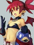  bat_wings belt bikini_top bracelet breasts choker clenched_hand demon_girl disgaea earrings etna fang gloves hankuri jewelry makai_senki_disgaea navel o_o open_mouth pointy_ears prinny prinny_(series) prinny_~ore_ga_shujinkou_de_iinsuka?~ red_eyes red_hair red_scarf scarf skull_earrings small_breasts sweatdrop white_belt wings 