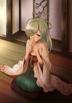  blush dargo green_hair hair_over_one_eye highres holding_letter indoors japanese_clothes letter maruoka_(oshiro_project) oshiro_project oshiro_project_re seiza sitting solo 