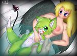  2017 5_fingers absurd_res anthro areola bath bathroom bathtub big_breasts black_feathers black_nose blonde_hair blue_eyes blush breast_grab breast_squish breasts canine cc class_zero demon digital_media_(artwork) duo e-01 feathers female female/female fox fur green_eyes green_fur green_nipples green_pussy hair hair_over_eye hand_on_breast hi_res horn humanoid inside mammal multicolored_fur nipples nude partially_submerged pussy simple_background size_difference smile succubus teeth two_tone_fur video_games water white_fur wings wolf zero_one 