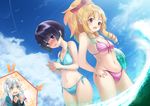  aqua_bikini ball bare_arms bare_legs beachball bikini blue_eyes bow breasts cleavage cloud cloudy_sky commentary_request cowboy_shot day drooling embarrassed enatsu eromanga_sensei front-tie_top hair_bow head_tilt highres izumi_sagiri looking_at_another looking_at_viewer medium_breasts multicolored multicolored_bikini multicolored_clothes multiple_girls navel outdoors pointy_ears ponytail red_bikini senju_muramasa silver_hair sky small_breasts sparkle sparkling_eyes standing stomach striped striped_bikini sunlight swimsuit symbol-shaped_pupils thighs wading water wavy_hair yamada_elf 
