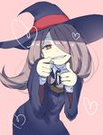  commentary gedou_(ge_ge_gedou) hair_over_one_eye little_witch_academia long_hair looking_at_viewer pale_skin pink_hair pointing pointing_at_viewer red_eyes smile solo sucy_manbavaran witch 