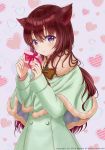  1girl animal_ears artist_name blush bow braid brown_bow brown_hair capelet cat_ears coat dated fur_trim gift green_capelet hands_up heart hou_no_ka long_hair long_sleeves nail_polish original pink_nails plaid plaid_bow purple_eyes simple_background smile standing valentine very_long_hair watermark 