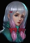  1girl bangs black_background blue_eyes bow closed_mouth eyebrows eyelashes face gradient_hair hair_bow highres lips long_hair looking_at_viewer multicolored_hair nose pink_hair realistic red_bow red_lips shiny shiny_hair simple_background zhen_guodong 