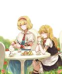  aili_(aliceandoz) alice_margatroid apron blonde_hair blue_eyes bow braid cake capelet chair commentary cup dress eating food hair_bow highres kirisame_marisa long_hair looking_at_viewer multiple_girls necktie sandwich short_hair sitting smile table tea tea_set teacup teapot tiered_tray touhou vest wavy_hair wrist_cuffs yellow_eyes 