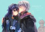  2boys bad_id bad_pixiv_id blue_eyes blue_hair blush cape cheek_kiss closed_eyes couple father_and_daughter fire_emblem fire_emblem:_kakusei gloves hetero hood kiss krom long_hair lucina male_my_unit_(fire_emblem:_kakusei) mejiro multiple_boys my_unit_(fire_emblem:_kakusei) short_hair smile tiara translation_request white_hair 