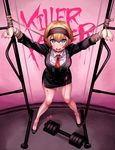  asano_misaki_(danganronpa) black_suit blonde_hair blood blood_on_face bloody_clothes bob_cut bound bound_wrists commentary_request danganronpa danganronpa_gaiden:_killer_killer dumbbell formal full_body headband highres looking_at_viewer necktie official_art open_mouth pigeon-toed pink_blood red_neckwear sasami_(ki) short_hair skirt_suit suit tears tied_up watermark 