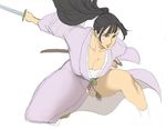  bangs bent_knees black_eyes black_hair breasts cleavage curvy fighting_stance katana kimono large_breasts lipstick long_hair looking_aside nappii_(nappy_happy) nappy_happy original ponytail pose samurai sarashi sash side_slit socks sword thick_thighs thighs wakizashi 