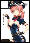  armlet artist_name bangs belt belt_buckle black_border black_legwear blue_hat blush border breasts buckle circle_cut cleavage commentary_request cowboy_shot cuffs earrings eyebrows_visible_through_hair fingernails garter_straps hand_on_hip handcuffs hat head_tilt holding idolmaster idolmaster_cinderella_girls jewelry jougasaki_mika long_fingernails long_hair looking_at_viewer low_twintails medium_breasts mini_necktie nail_polish necktie one_eye_closed orange_maru parted_lips pink_hair pink_nails police police_hat police_uniform policewoman red_neckwear shiny shiny_skin short_sleeves simple_background smile solo spiked_armlet spikes stud_earrings thighhighs tsurime twintails uniform white_background yellow_eyes 