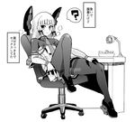  :t ? although_she_hurriedly_put_on_clothes bangs black_legwear blunt_bangs blush book chair commentary dress full_body gloves greyscale hair_ribbon hand_on_own_leg headgear high_heels kantai_collection knee_up leg_up legs long_hair looking_at_viewer monochrome monocle murakumo_(kantai_collection) necktie office_chair pantyhose remodel_(kantai_collection) ribbon sailor_dress shoes short_eyebrows sidelocks sitting skin_tight solo spoken_question_mark steam sweat table thighband_pantyhose translated tress_ribbon white_background yoshika_fuumi 