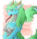  &lt;3 :d abstract_background anthro areola big_breasts black_scales blue_eyes blue_fur blush breasts brown_horn cheek_tuft chest_tuft countershade_torso countershading cute_fangs digital_media_(artwork) dragon eastern_dragon eyelashes fangs female fluffy forehead_marking fur green_fur grey_countershading grey_scales heart_marking horn inner_ear_fluff kemono long_tongue looking_at_viewer markings medium_breasts multicolored_fur neko_chiyo nipples nude open_mouth outline pink_heart pink_nipples portrait raised_tail red_tongue reptile scales scalie shoulder_tuft smile solo tail_tuft tongue tongue_out tuft 