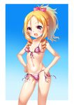  10s 1girl bare_arms bare_legs bikini blonde_hair blush bow breasts collarbone drill_hair eromanga_sensei female gluteal_fold gradient gradient_background hair_bow high_ponytail looking_at_viewer navel nekosama_shugyouchuu open_mouth outside_border pointy_ears ponytail round_teeth side-tie_bikini small_breasts solo standing swimsuit teeth twin_drills yamada_elf 