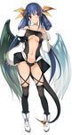  ankle_boots arm_at_side ass_visible_through_thighs asymmetrical_wings bad_id bad_twitter_id bangs black_legwear blunt_bangs blush boots breasts center_opening closed_mouth collarbone contrapposto detached_sleeves dizzy dragon_tail eyebrows_visible_through_hair full_body guilty_gear hair_ribbon hand_on_own_chest head_tilt kureha_(ironika) legs_apart long_sleeves medium_breasts navel puffy_long_sleeves puffy_sleeves red_eyes revealing_clothes ribbon simple_background solo standing stomach tail tail_ribbon thighhighs underboob white_background white_footwear wings yellow_ribbon 