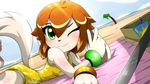  2017 anthro basset_hound beach blush bracelet breasts canine clothed clothing dog female freedom_planet fur green_eyes hair jewelry kenjikanzaki05 looking_at_viewer lying mammal milla_basset on_front one_eye_closed orange_hair palm_tree seaside solo swimming_suit swimsuit tan_fur tree video_games wink 