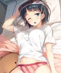  ;o amusphere arm_at_side arm_up bed bed_sheet black_hair breasts cable commentary_request covered_nipples cowboy_shot day green_eyes hair_ornament hairclip indoors kirigaya_suguha looking_at_viewer looking_up lying medium_breasts no_pants on_back on_bed one_eye_closed open_mouth panties pillow red_panties see-through shirt short_hair short_sleeves solo striped striped_panties stuffed_animal stuffed_toy sunlight sword_art_online tareme underwear vr_visor white_shirt yuuki_hagure 