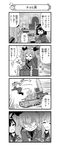  3girls 4koma =_= absurdres anchovy anger_vein angry anzio_military_uniform bandaid bandaid_on_face belt boots carpaccio carro_veloce_cv-33 cat closed_eyes closed_mouth comic crash crossed_arms dress_shirt drill_hair frown girls_und_panzer gloom_(expression) goggles goggles_on_headwear greyscale ground_vehicle hair_ribbon helmet highres jacket knee_boots knife long_hair long_sleeves looking_at_another military military_uniform military_vehicle monochrome motion_lines motor_vehicle multiple_girls nanashiro_gorou official_art open_mouth pants pdf_available pepperoni_(girls_und_panzer) ribbon scared shirt short_hair shoulder_belt sitting skirt smile solid_oval_eyes standing sweatdrop tank throne translated twin_drills twintails uniform wavy_mouth 