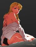  artist_name ass back_tattoo backlighting barefoot black_panties blonde_hair body_blush commentary dutch_angle earrings english_commentary feguimel folded_leg from_behind fullmetal_alchemist grey_background jewelry lips long_hair long_sleeves looking_back no_bra no_pants off_shoulder panties riza_hawkeye shirt simple_background sleeves_past_wrists solo tattoo underwear white_shirt 