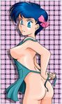  1girl apron ass blue_eyes blue_hair bow green_apron naked_apron nipple pink_bow short_hair smile 