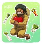  afro artist_name bandai_daisaku beard blanko! carrot character_name closed_eyes curly_hair danganronpa danganronpa_3 dark_skin dark_skinned_male facial_hair food green_hair hat highres male_focus open_mouth sandals solo straw_hat teeth tomato vegetable 