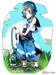  1girl blue_hair female pokemon pokemon_(game) pokemon_sm sandals sanzui solo suiren_(pokemon) swimsuit_under_clothes toes transparent_border twitter_username 