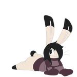  2017 alpha_channel ambiguous_gender anthro black_hair blush bottomless buckteeth butt clothed clothing dumbun embarrassed hair hi_res lagomorph long_ears long_sleeves lying mammal salaciouslx simple_background solo sweater teeth transparent_background whiskers 