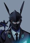  animal_ears black_gloves black_jacket black_neckwear blue_ribbon bunny_ears collared_shirt covered_mouth cyborg dress_shirt formal furrowed_eyebrows genji_(overwatch) gloves glowing glowing_eyes green_eyes grey_background hand_up helmet holding holding_ribbon jacket long_sleeves male_focus necktie neon_trim overwatch psd ribbon shirt simple_background suit white_shirt wing_collar 