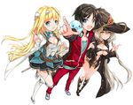  2girls :d bangs black_footwear black_skirt blue_eyes blush boku_no_heya_ga_dungeon_no_kyuukeisho_ni_natte_shimatta_kudan boots braid breasts center_opening cleavage coat eyebrows_visible_through_hair from_above full_body garter_straps grey_hair hair_intakes hat headpiece highleg highleg_leotard highres index_finger_raised jacket juna knee_boots large_breasts leotard long_hair looking_at_viewer multiple_girls navel navel_cutout on_shoulder open_clothes open_coat open_mouth pants pointing pointing_at_viewer revealing_clothes shiny shiny_hair side_braid sidelocks simple_background skirt smile standing teeth thighhighs track_jacket track_pants track_suit underboob v-shaped_eyebrows very_long_hair white_background white_legwear witch_hat yellow_eyes 