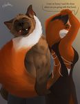  anthro breasts canine cap.grolarbear clothed clothing dialogue digital_media_(artwork) duo female fox fur hi_res hyena male mammal muscular nipples simple_background smile teasing tongue undressing 