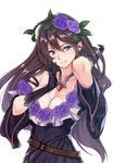 bare_shoulders belt black_gloves breasts brown_hair cleavage dress flower gloves granblue_fantasy hair_flower hair_ornament hand_on_own_face jewelry large_breasts long_hair necklace purple_eyes rosetta_(granblue_fantasy) ruby_(stone) smile solo white_background yamaishi_(mukoubuti) 