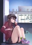  blue_eyes brown_hair building earphones eating english hat highres jacket kagawa_yuusaku long_hair open_clothes open_jacket original sign sitting skirt solo 