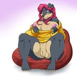  2015 anthro areola big_breasts breasts canine clothing delilah_evona dog flashing hair half-closed_eyes lonbluewolf looking_at_viewer mammal nipples pink_hair pussy rottweiler solo soulblader sweater yellow_eyes 