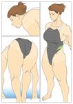  ass barefoot breasts brown_eyes brown_hair comic curvy diving fat_mons hair_bun hair_up highleg highleg_swimsuit hips large_breasts leaning_forward liu_mei-xing mound_of_venus muscle muscular_female nappii_(nappy_happy) nappy_happy one-piece_swimsuit original swimsuit tanline thick_thighs thighs 