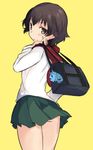  abenattou bag bangs blouse brown_eyes brown_hair caesar_(girls_und_panzer) carrying cellphone_charm closed_mouth cowboy_shot from_behind girls_und_panzer green_skirt hippopotamus light_smile long_sleeves looking_at_viewer looking_back miniskirt ooarai_school_uniform pleated_skirt red_scarf scarf school_bag school_uniform serafuku short_hair simple_background skirt solo standing white_blouse yellow_background 