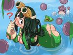  &gt;_&lt; 1boy 1girl ? ass asui_tsuyu bent_over black_eyes black_hair blush bodysuit boku_no_hero_academia breasts clenched_teeth closed_eyes finger_to_mouth food frog frog_girl fruit gloves goggles goggles_on_head grapes kibazoku long_hair looking_at_viewer mineta_minoru nipples partially_submerged pond sparkle teeth tongue tongue_out torn_clothes water wet 