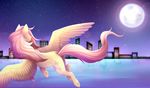  2017 city cloud cutie_mark equine feathered_wings feathers female feral fluttershy_(mlp) flying friendship_is_magic full_moon hair hi_res landscape mammal moon my_little_pony night outside pegasus pink_hair reflection scarlet-spectrum sky solo spread_wings star water wings yellow_feathers 