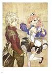  :d atelier_(series) atelier_escha_&amp;_logy black_pants black_skirt bracelet breasts brown_eyes brown_hair choker cleavage collarbone escha_malier fingerless_gloves gloves green_eyes grey_gloves hair_between_eyes hair_ornament hidari_(left_side) highres holding holding_sword holding_weapon jewelry layered_skirt leg_up logix_ficsario long_hair looking_at_viewer medium_breasts open_mouth outstretched_arm pants silver_hair skirt smile standing sword thighhighs twintails weapon white_legwear zettai_ryouiki 