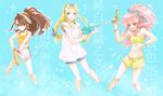  3girls bare_shoulders bikini blonde_hair blue_background blue_eyes blush bracelet braid breasts brown_eyes brown_hair hair_ornament hairband long_hair midriff mint_adenade multiple_girls navel open_mouth pink_eyes pink_hair ponytail scarf shorts suzu_fujibayashi tales_of_(series) tales_of_phantasia water 