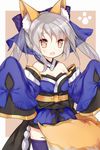  alternate_hairstyle animal_ears blue_legwear blush breasts brown_eyes cleavage cosplay cowboy_shot d: detached_collar dot_nose eyebrows_visible_through_hair fang fate/grand_order fate_(series) fox_ears fox_tail japanese_clothes long_sleeves looking_at_viewer ning_hai_(zhan_jian_shao_nyu) open_mouth silver_hair sleeves_past_wrists small_breasts solo standing tail tamamo_(fate)_(all) tamamo_no_mae_(fate) tamamo_no_mae_(fate)_(cosplay) tengxiang_lingnai thighhighs twintails wide_sleeves zhan_jian_shao_nyu 