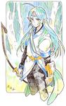  1boy ahoge armor blue_hair bow_(weapon) brambert_milene elf long_hair pants pointy_ears tales_of_(series) tales_of_phantasia weapon yellow_eyes 