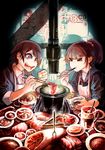  &gt;_&lt; apron brown_hair cannibalism chopsticks clenched_hand closed_eyes commentary crazy_eyes cup drooling earrings eating food fork griddle grill grilling guro highres holding holding_chopsticks jewelry mado_(mukade_tou) meat mug multiple_girls neckerchief open_mouth original plate ponytail red_eyes red_neckwear sailor_collar saliva school_uniform serafuku shichirin short_hair 