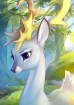  2019 alternate_species antlers cervine detailed_background digital_media_(artwork) female feral forest friendship_is_magic horn mammal moss my_little_pony outside princess_celestia_(mlp) purple_eyes solo tomatocoup tree 